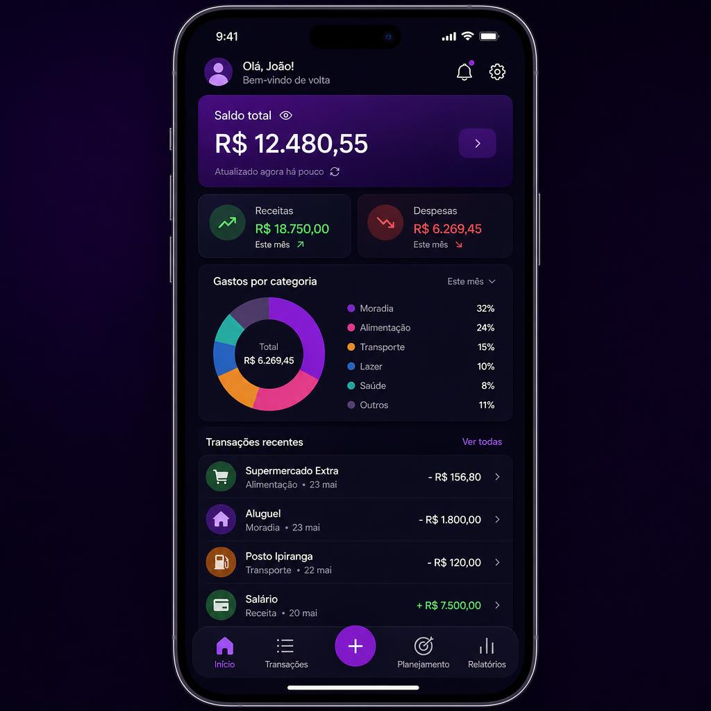Painel do Planner Financeiro Pro no celular com saldo total, receitas, despesas e gastos por categoria