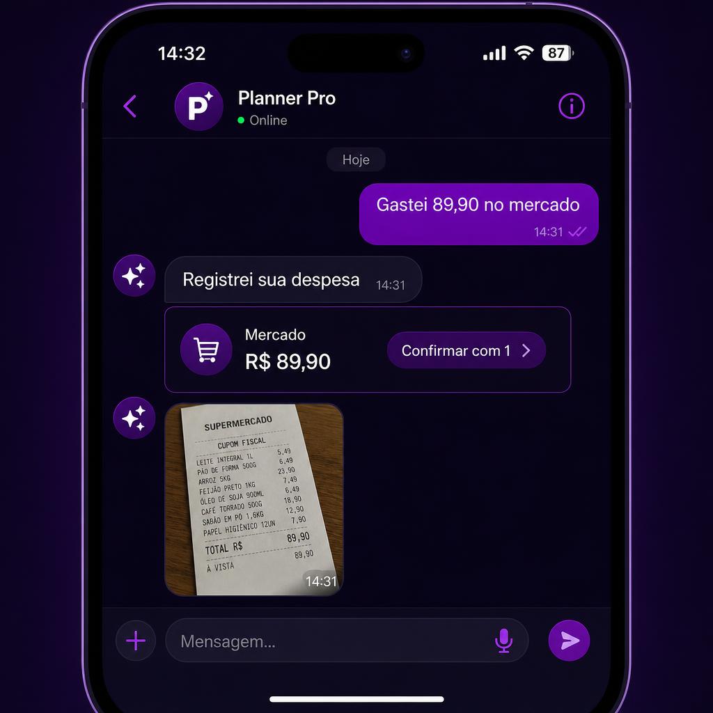 Conversa no WhatsApp lançando uma despesa de R$ 89,90 no Planner Financeiro Pro com foto do comprovante